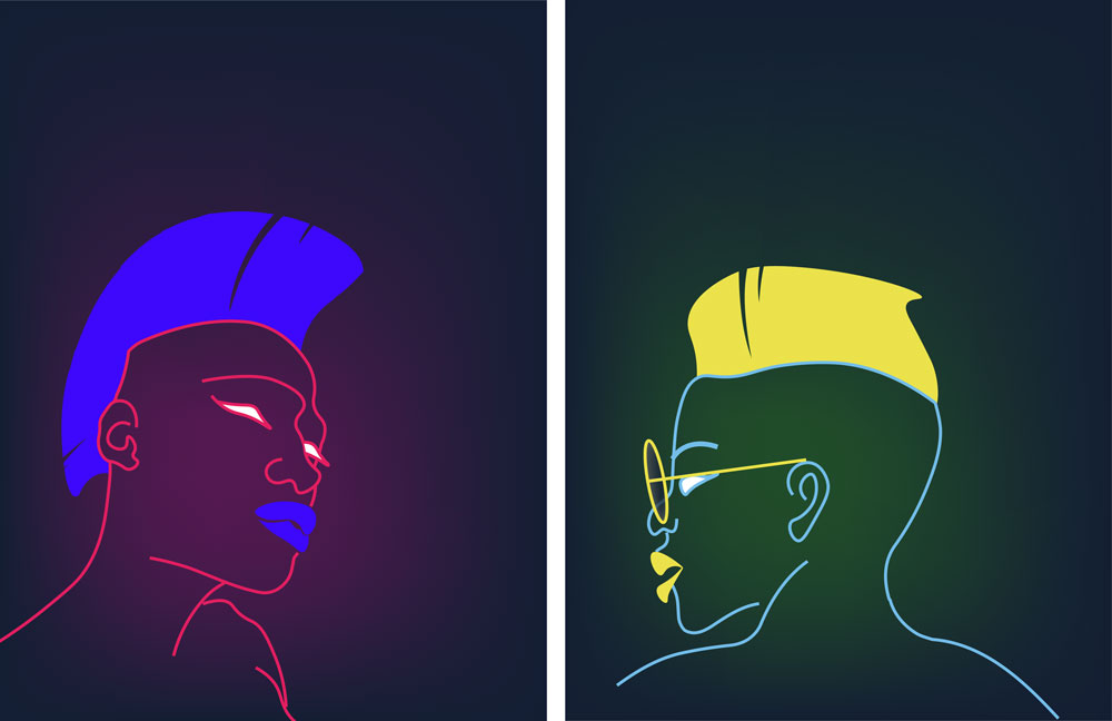 neon style portraits of punk figures